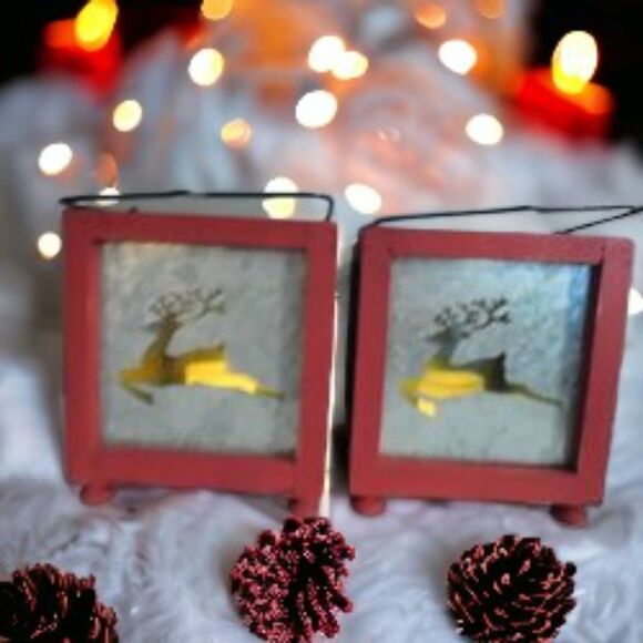 Lanterns Red Wood With Reindeer Etched Glass Insert with Fake Light Up Candles - Picture 1 of 13